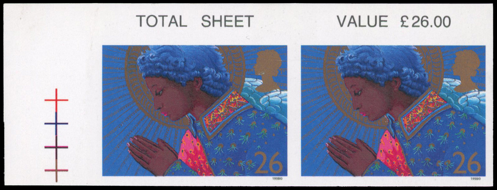 GB: 1998 26p Christmas, top-left hand corner marginal, horizontal imperforate pair, fine unmounted o.g. SG 2065a