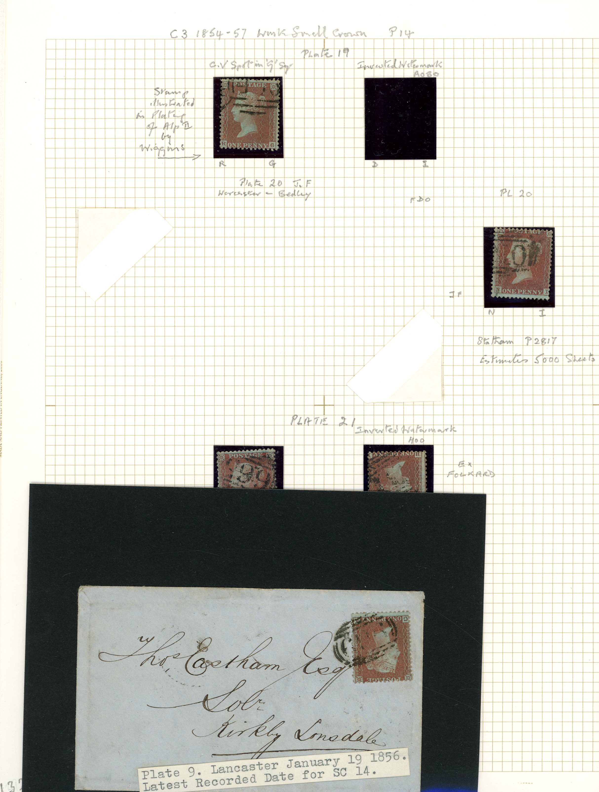 1854-57 1d Red-brown Pl.1-21 SG 24/25 C3 group...