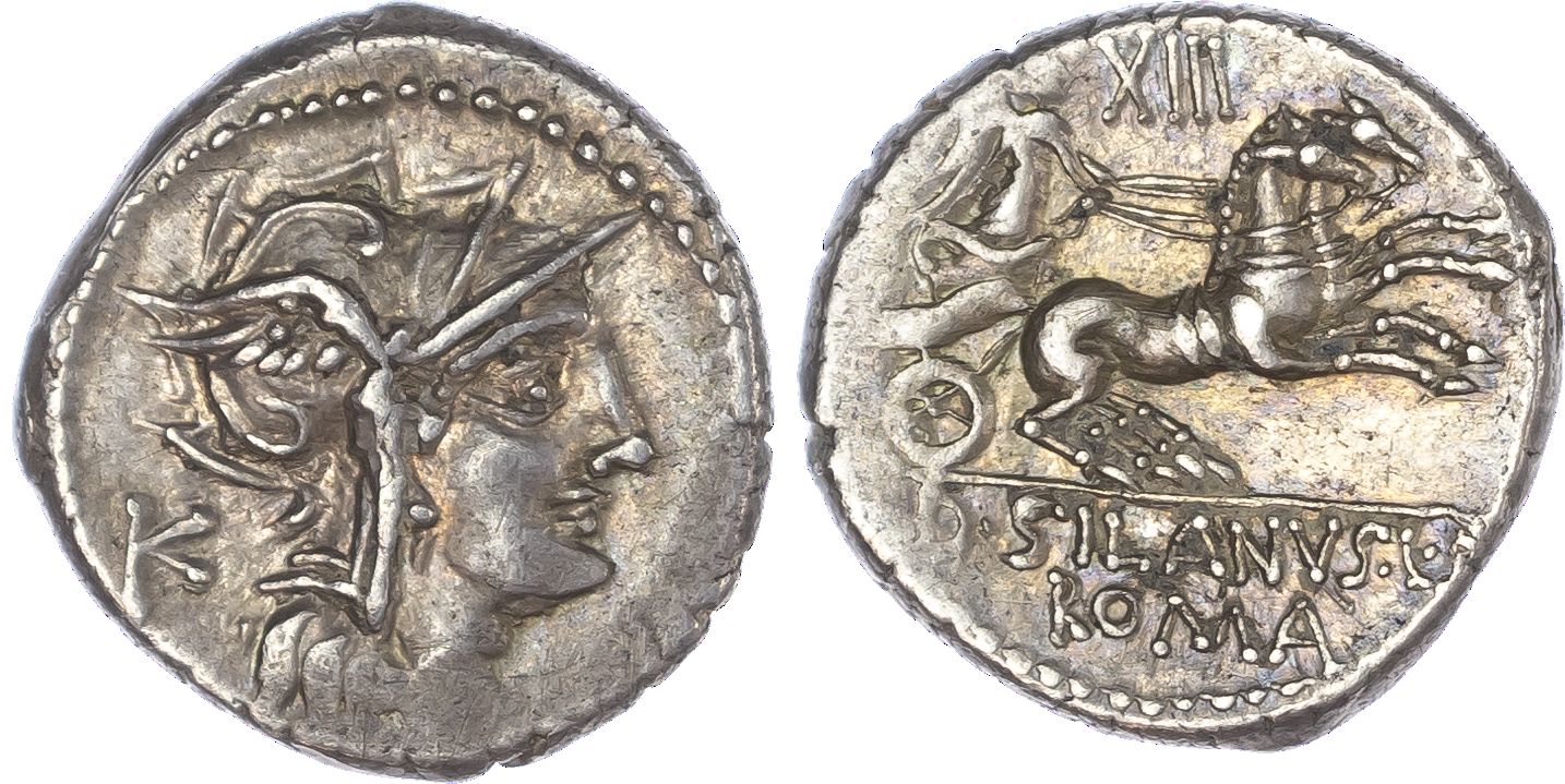 D. Silanus L. f. (91 BC) AR Denarius, Rome, 4.02g. Helmeted head of Roma facing right, K behind. Rev. Victory, holding