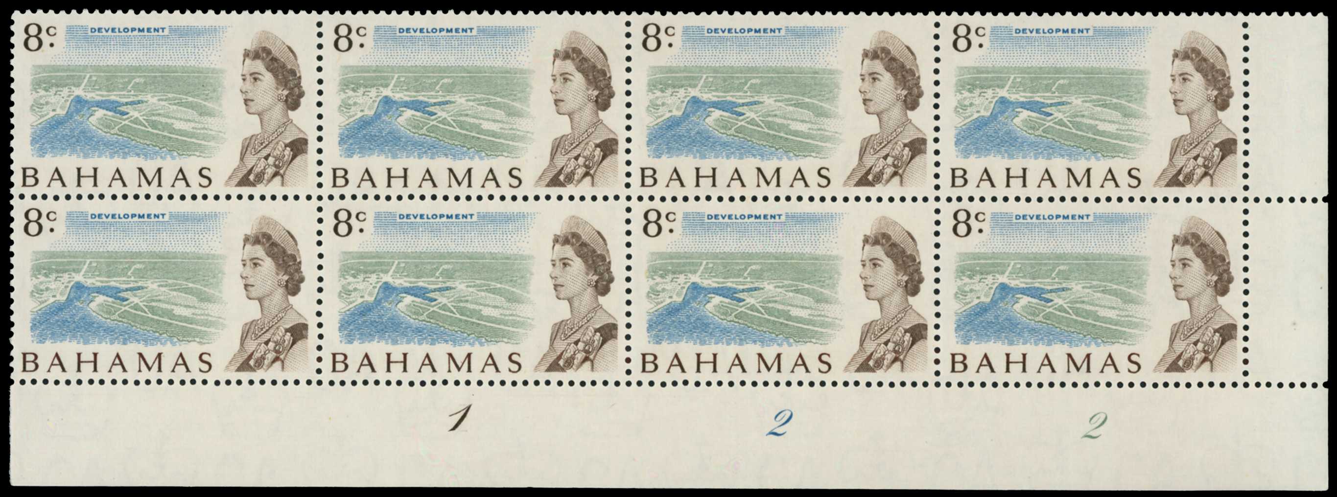 Bahamas1970 8c QEII definitive on whiter paper Plate block of 8, SG 300a