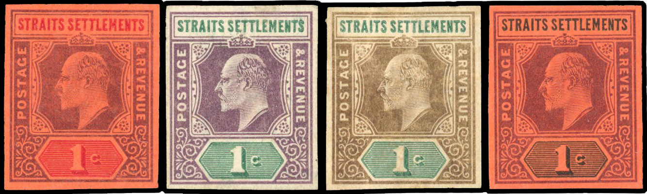 Straits Settlements 1901 KEVII 1c imperf colour trials x4