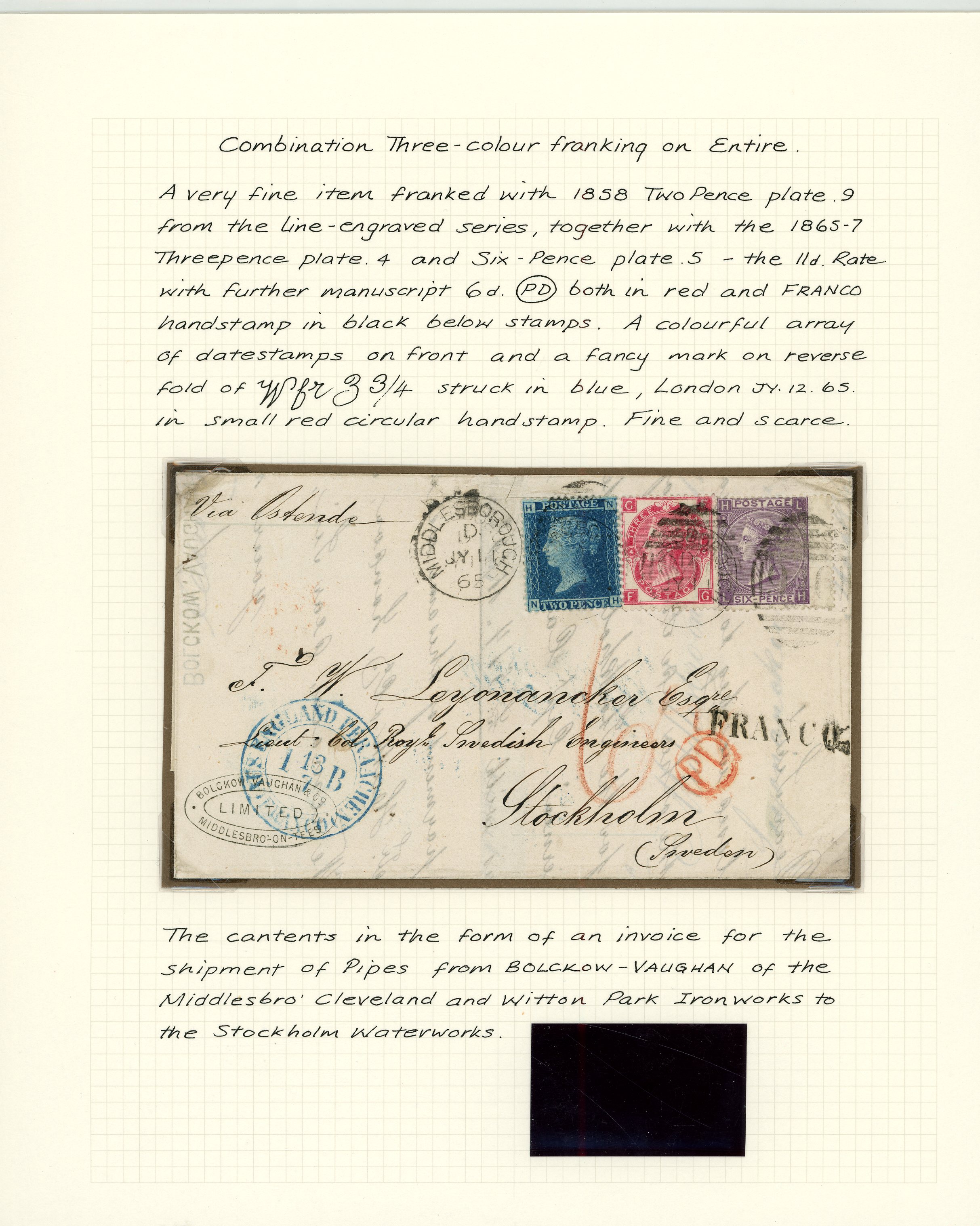 1865 Overseas Mail. Attractive three colour franking from Middlesborough to Stockholm