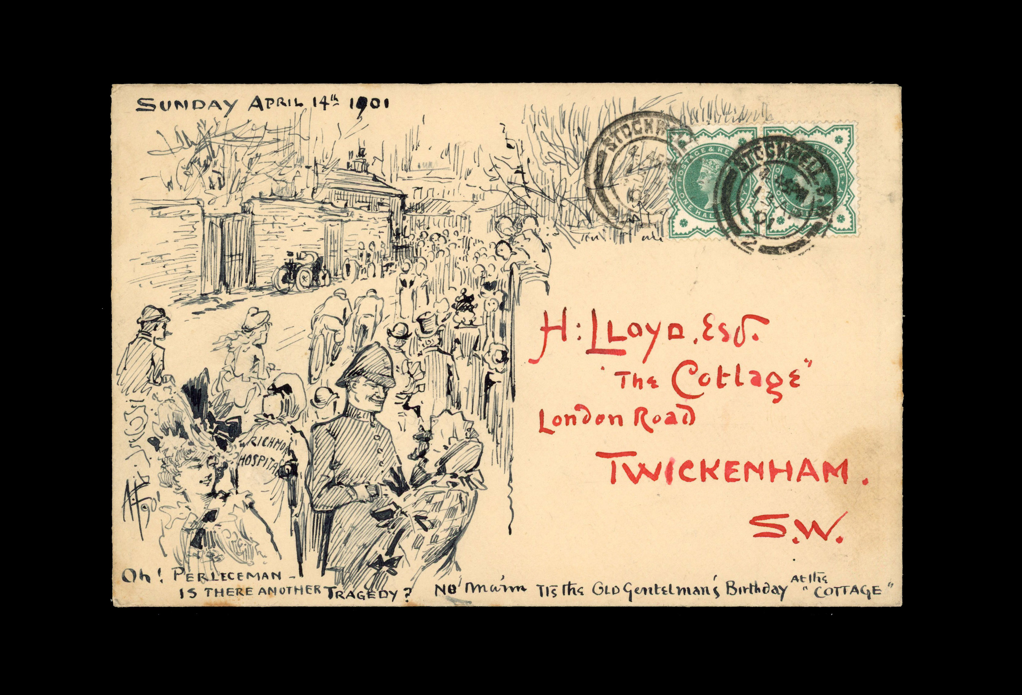 1901 Hand Illustrated cover. Very fine envelope sent from Stockwell to Twickenham