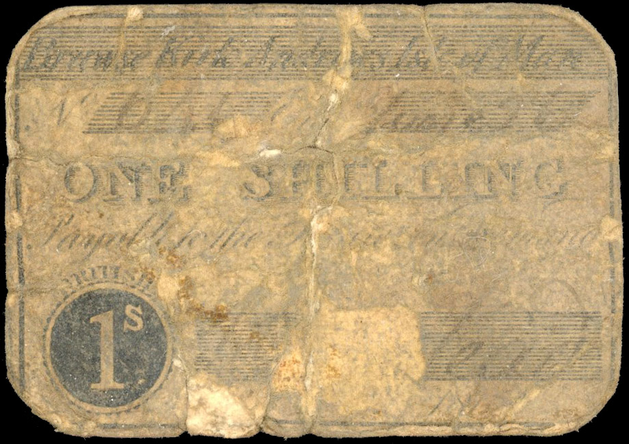 KIRK ANDREWS, John Bowstead, One Shilling, 1 July 1816, no. 646, card money, triskeles on rev. (M 103a; Quarmb…