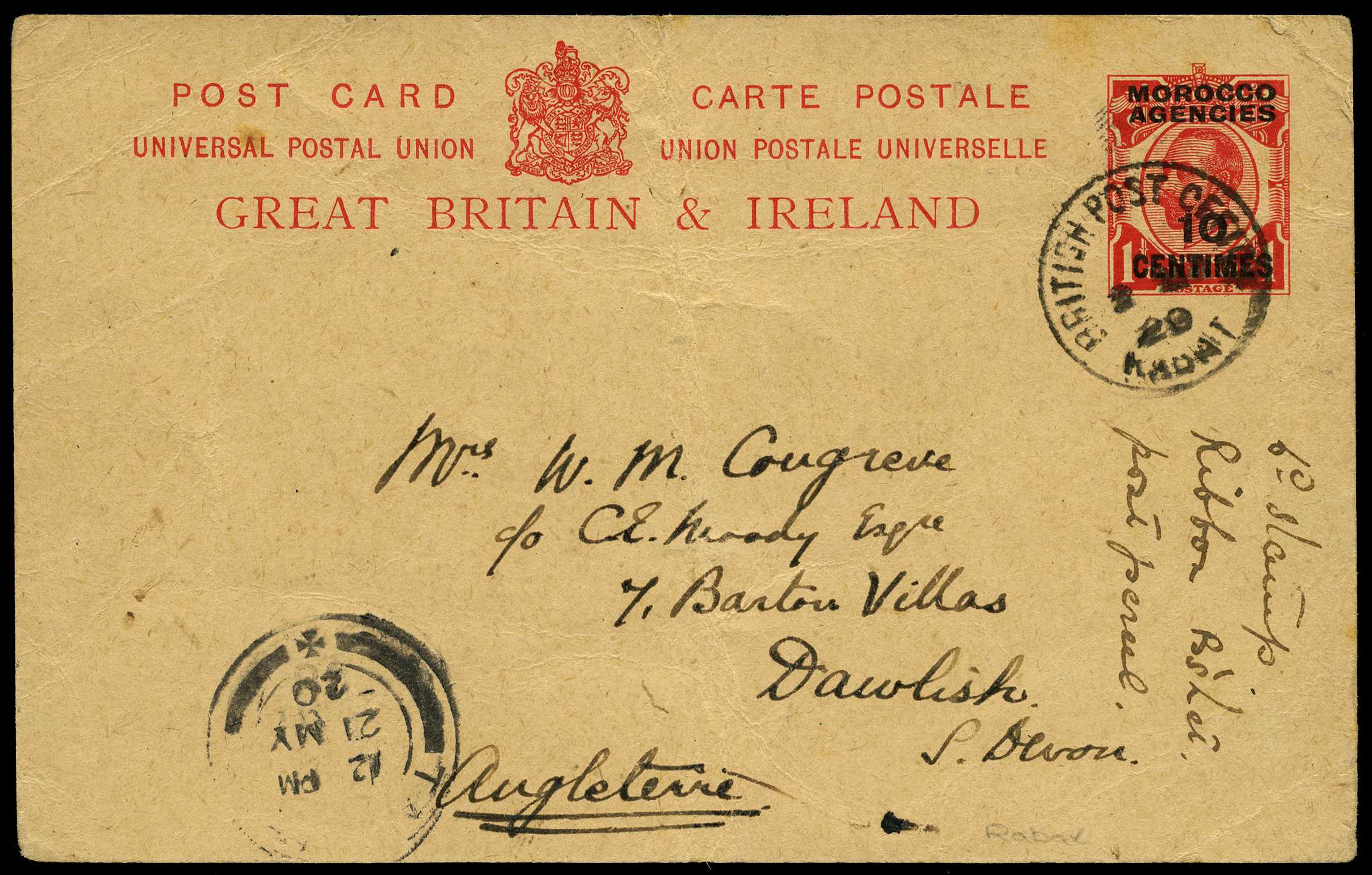 Postcard: 1917 10c on 1d red used to Devon...
