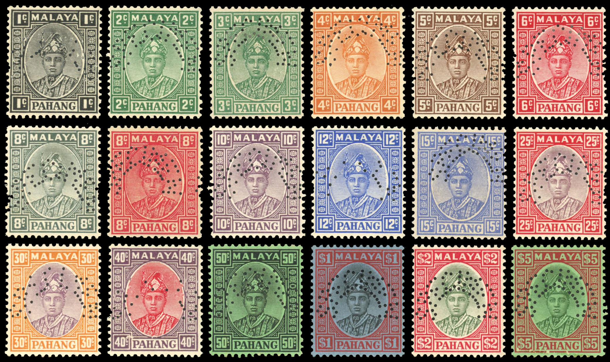 Malaya - Pahang 1935-41 set of eighteen perforated SPECIMEN, SG 29s/46s