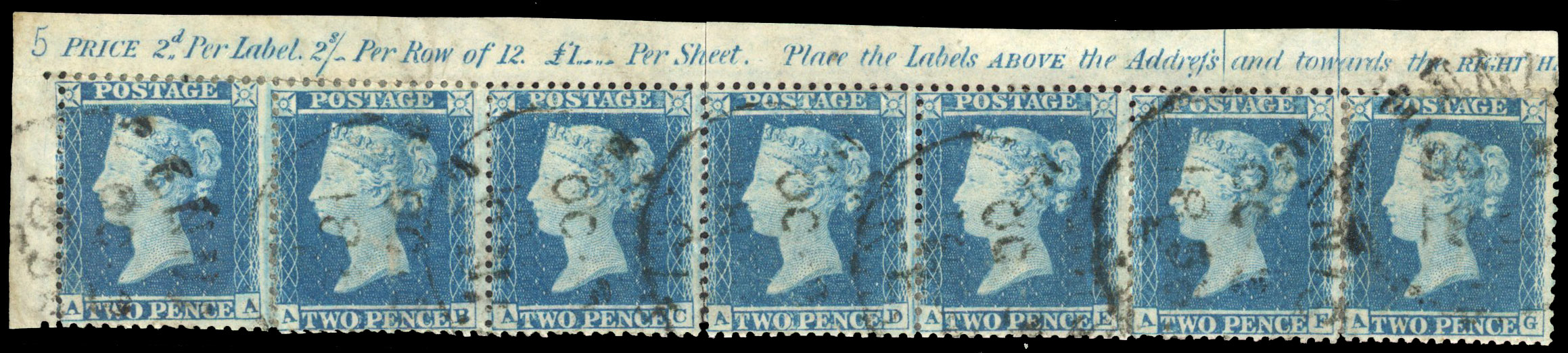 1855 2d Blue Pl.5 (Die I, Alphabet II, Wmk. Large Crown, Perf 14). Used corner strip