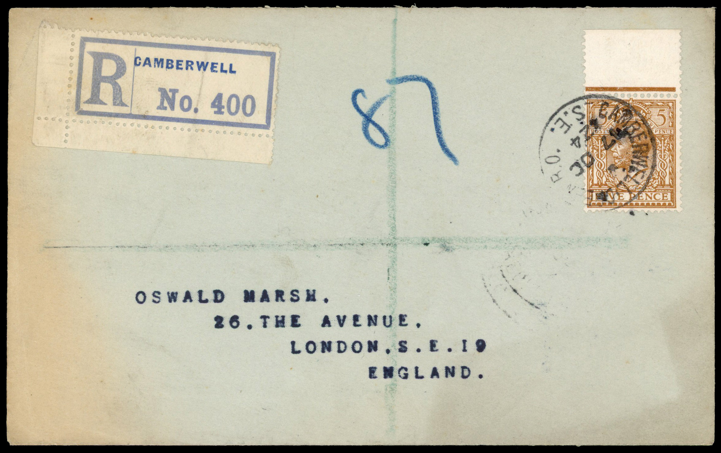 1924 5d Brown (Wmk. Block Cypher). Very fine 'Marsh' registered envelope FDC