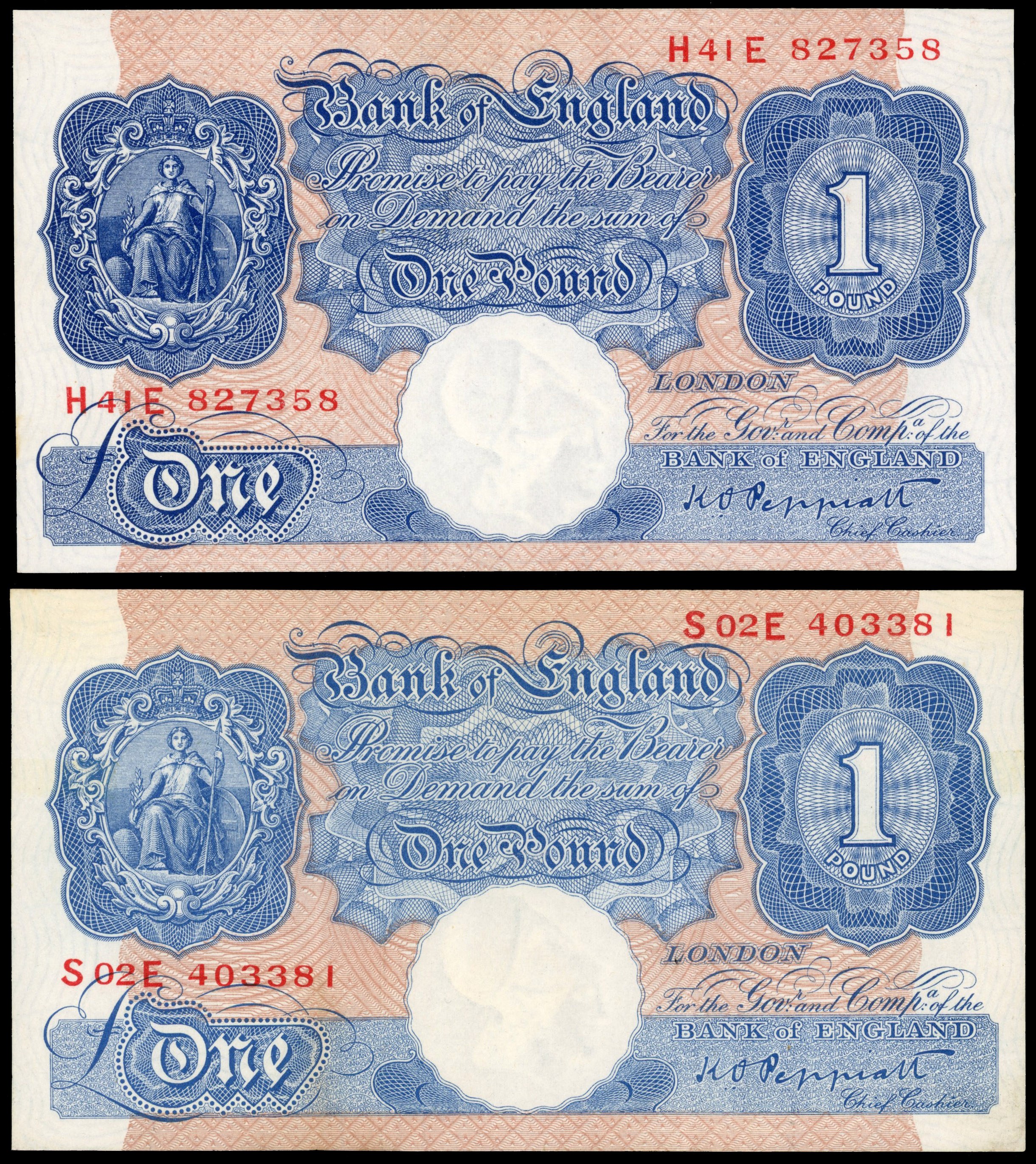 Bank of England, K O Peppiatt, Emergency Issue pink and blue One Pound, Mar. 1940, H41E 827358 (Dugg. B249) an…
