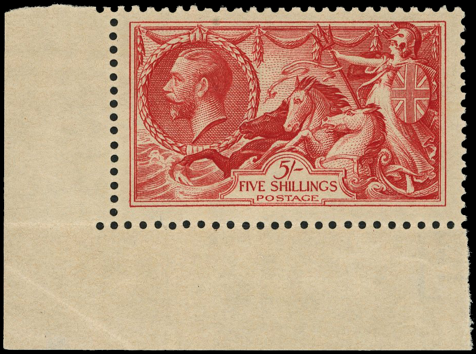 GB: 1934 5s bright rose-red re-engraved ‘Seahorse’, bottom left marginal example, good colour unmounted o.g.