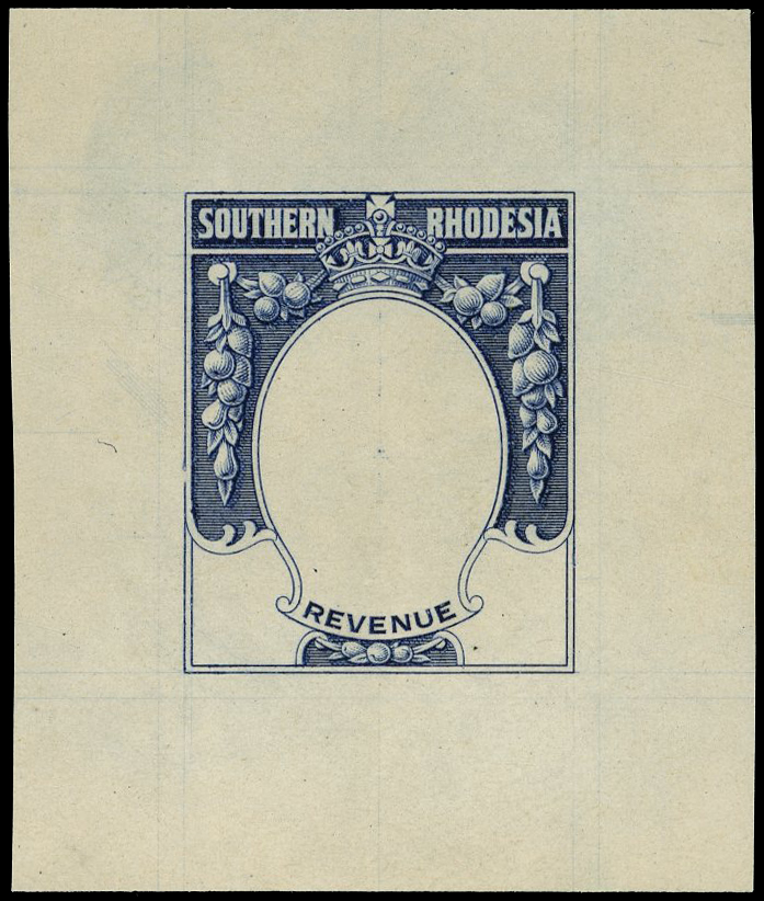 Southern Rhodesisa Revenue 1930 master die proof in deep blue of frame with blank value tablets