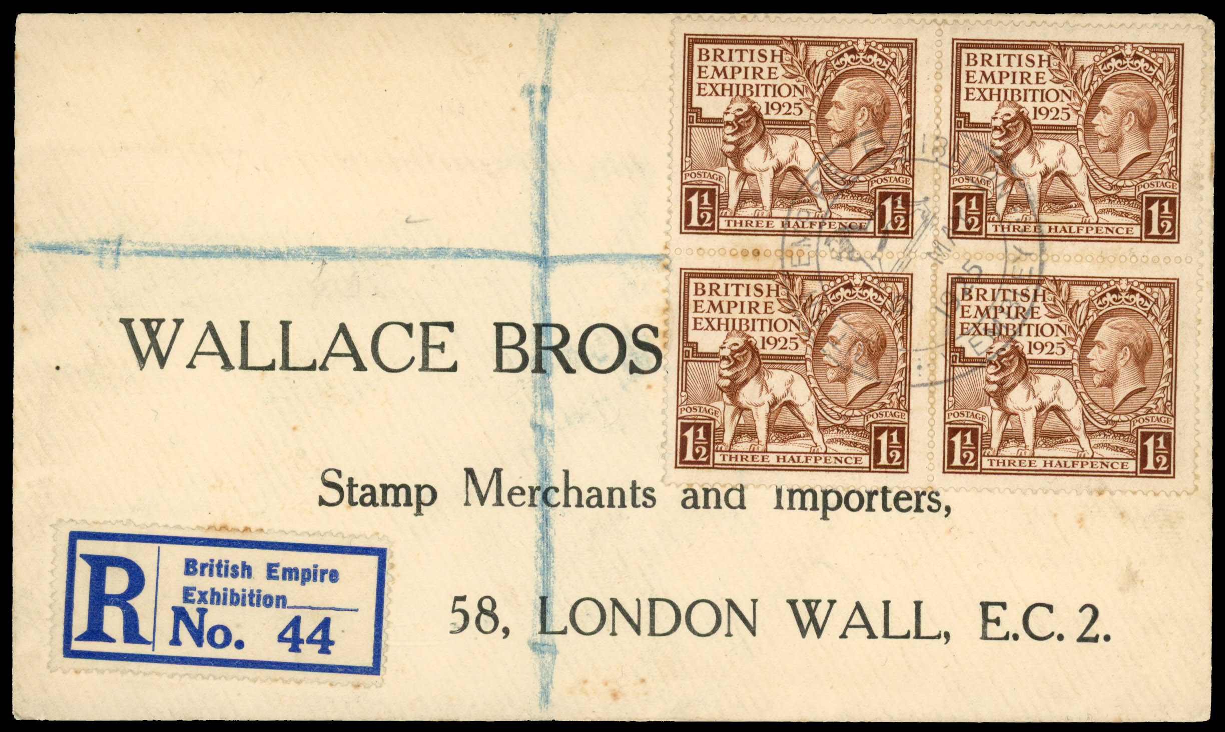 1925 British Empire Exhibition. Very fine registered envelope bearing a block of four 1½d FDC