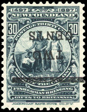 Newfoundland 2c on 30c slate-blue, ERROR SURCHARGE INVERTED fine mint S.G. 144a cat £1,500