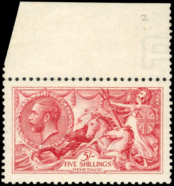 GB: 1915-18 De La Rue 5s carmine, mint unmount og single from the top of the sheet