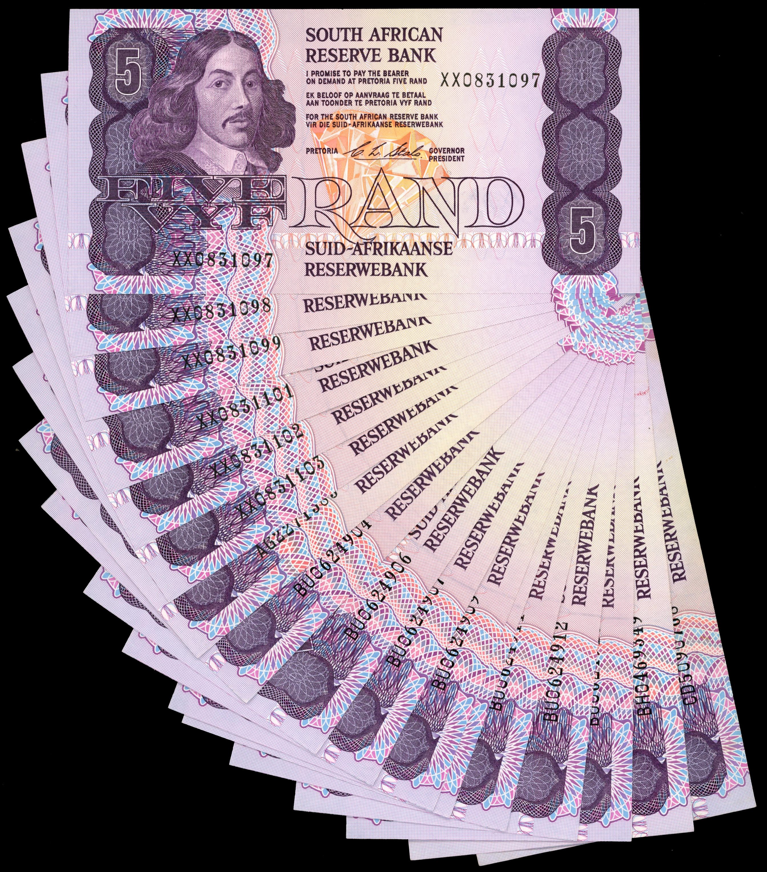 South Africa, Reserve Bank, 1990-1994, Five Rand, sig. of C L Stals. (Pick 119) Uncirculated. [20]…