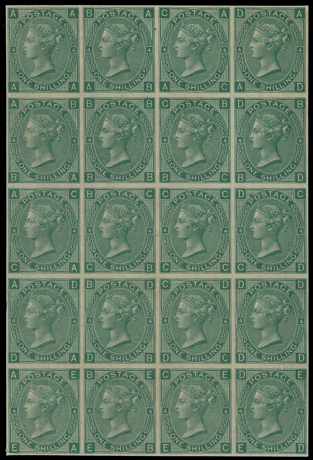 1865 1s green Pl.4. Very fine imperforate plate proof block of 20 lettered AA-ED, on ungummed, unwatermarked slightly to…