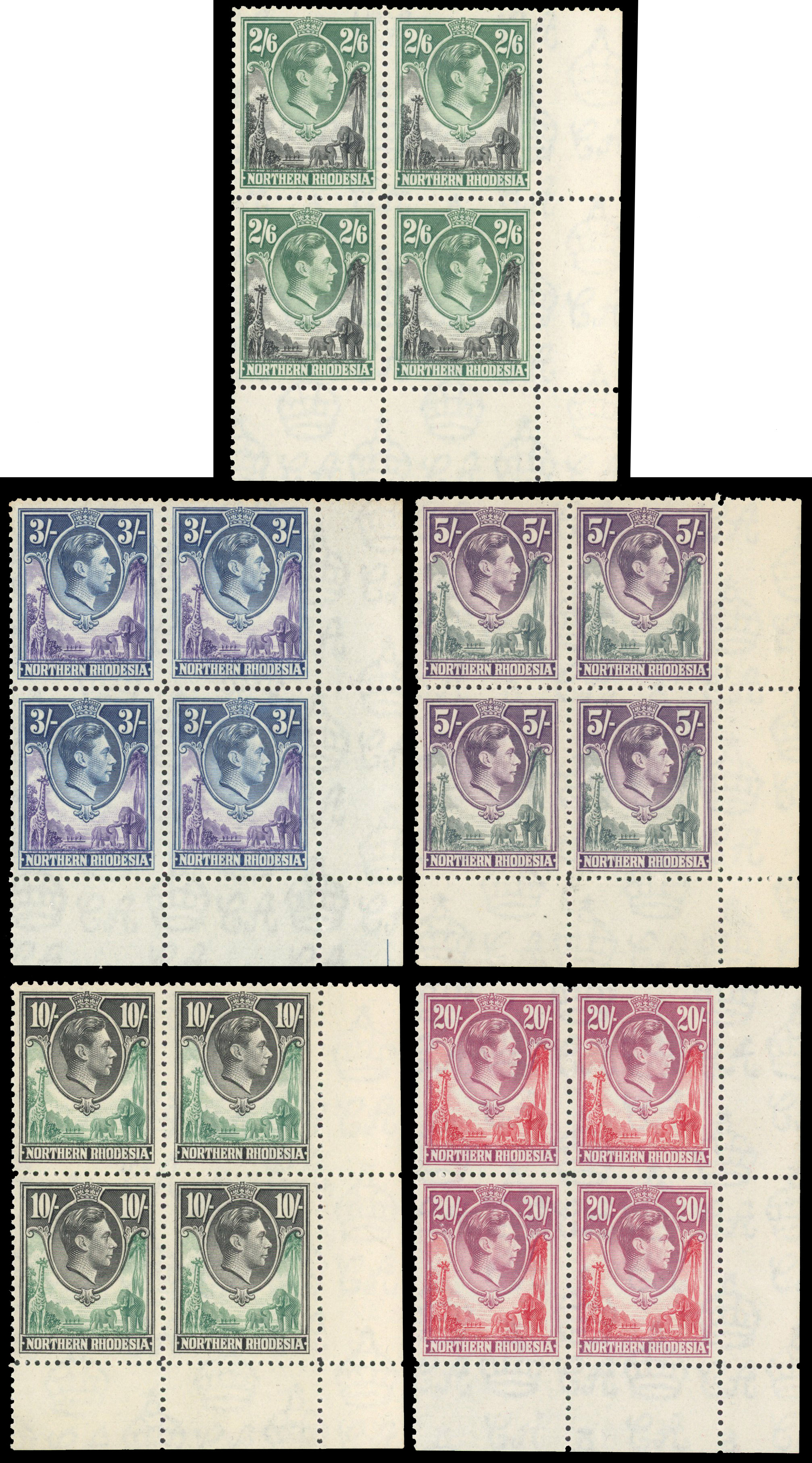 Northern Rhodesia SG 41-45 'blank' Plate blocks mint