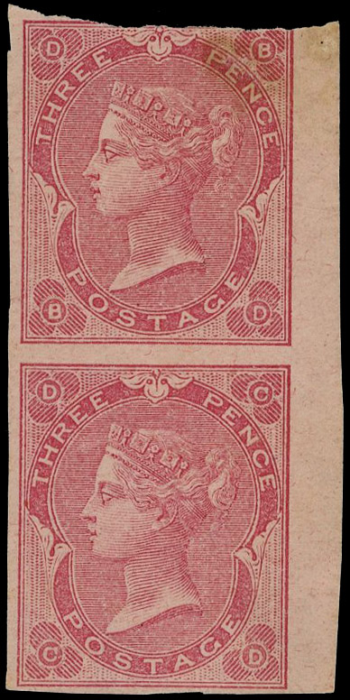 1861 3d Rose (Plate 2, State 1, with shaded spandrels). Very fine imperforate vertical pair lettered BD-CD, from a print…