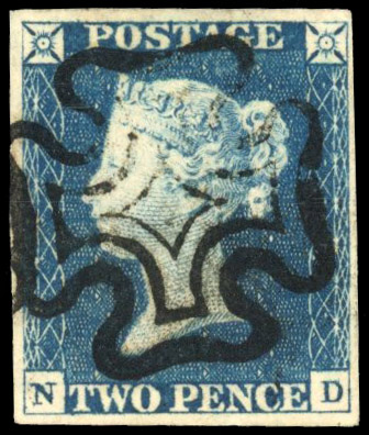 GB 1840 2d bright blue Plate 1 (ND), fine used, Spec. DS6A, SG5var