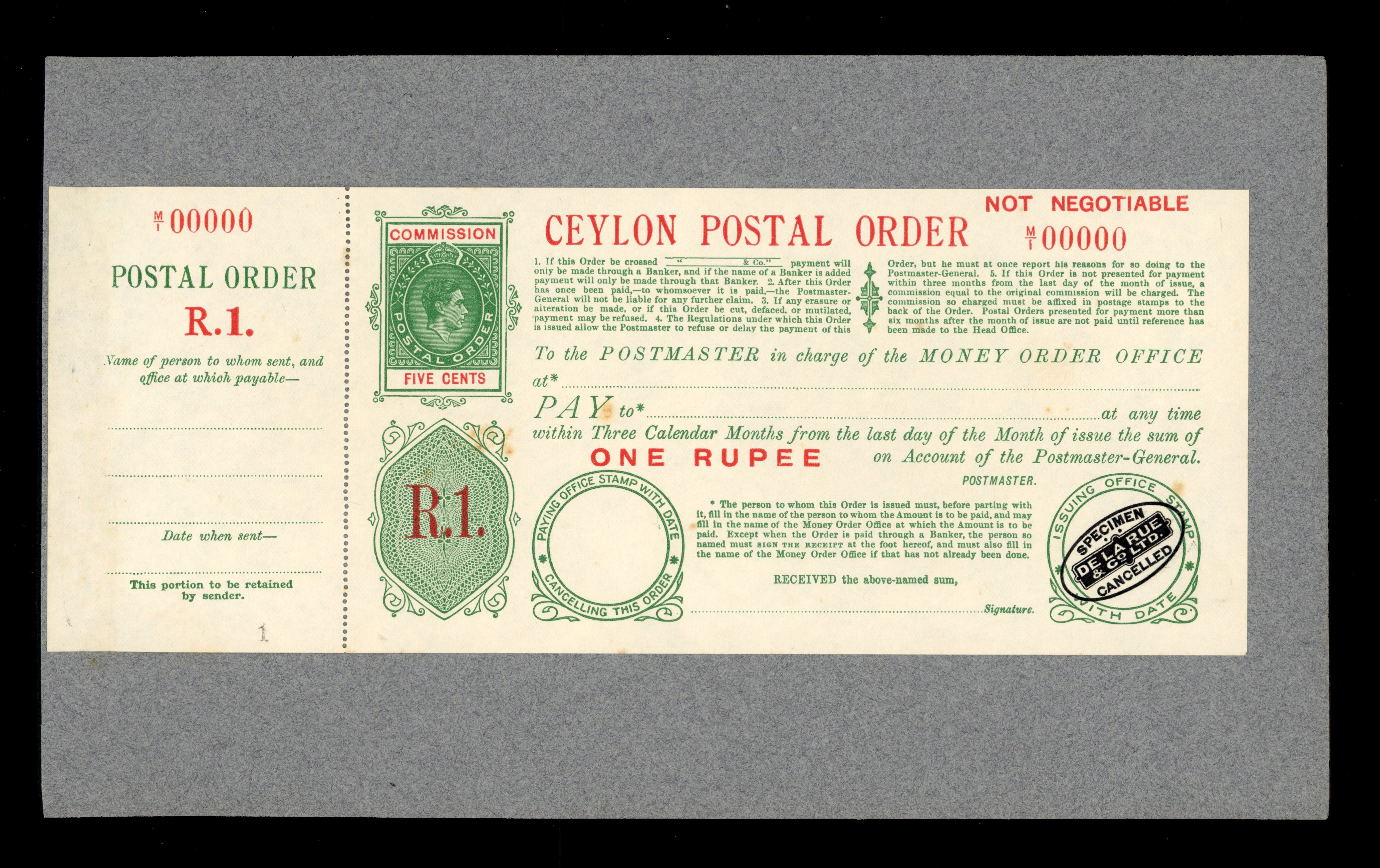 Ceylon 1r Postal Order De La Rue Proof 