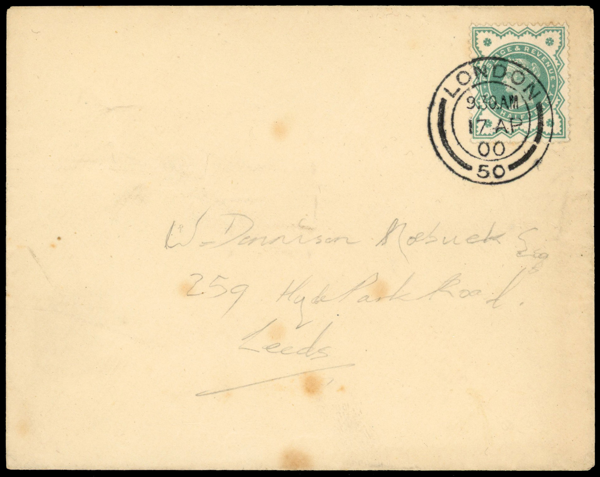 1900 ½d Blue-green ‘Jubilee’. Superb envelope sent from London to Leeds