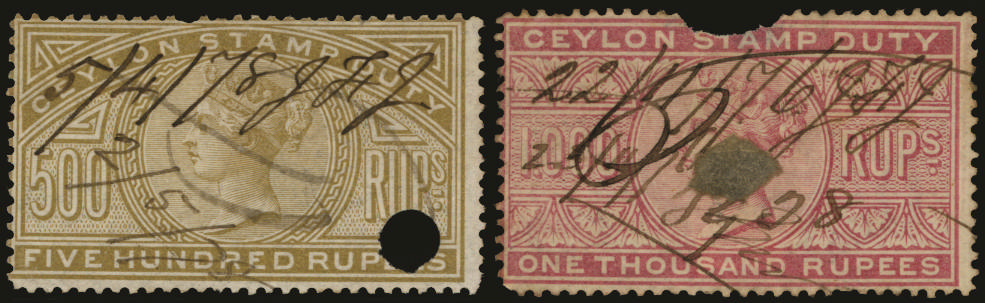 CEYLON 1876 Revenue Stamp Duty: 500r bistre and 1000r rose used