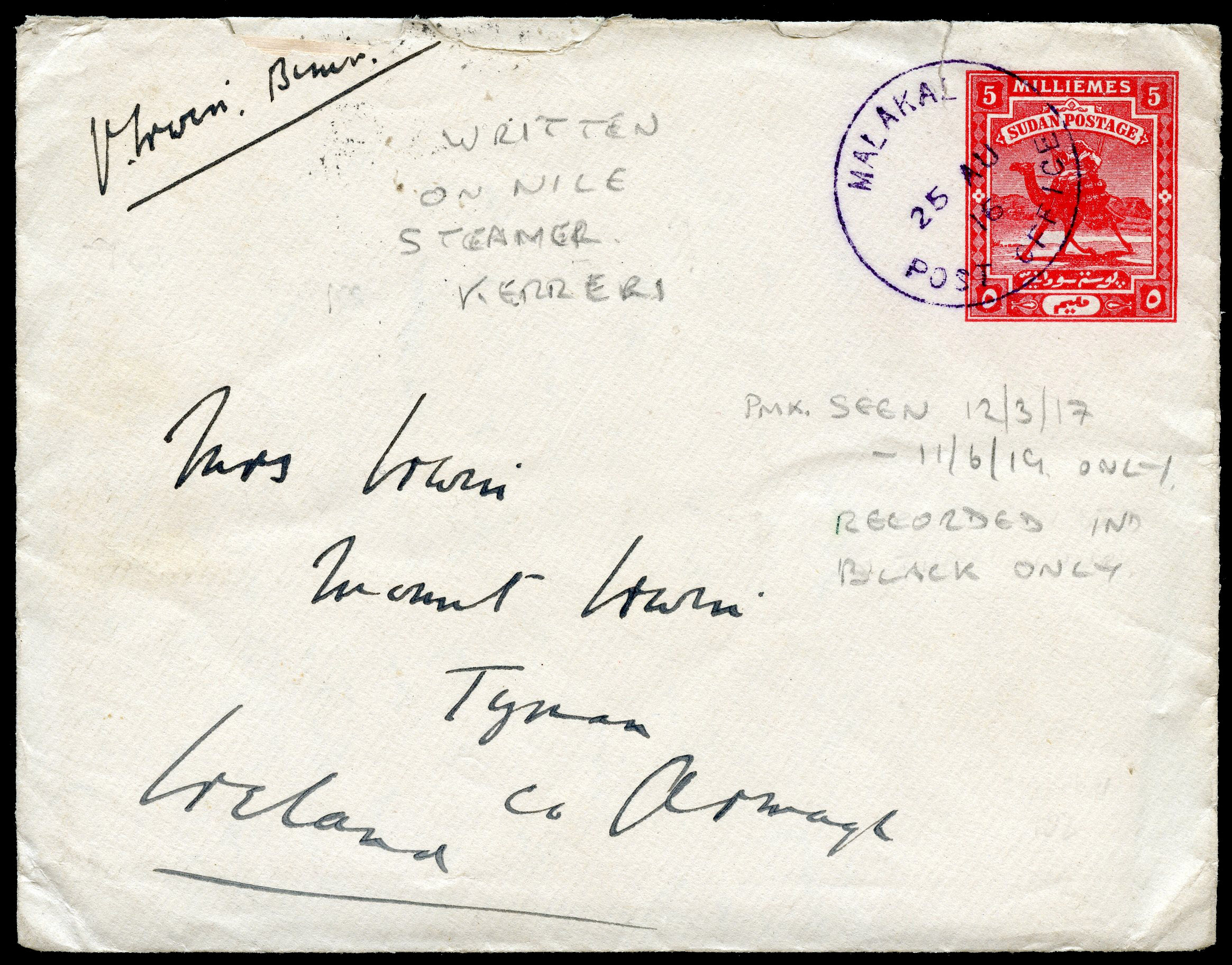 Sudan 5m postal stationery envelope to Ireland. Added to R2000562/21  