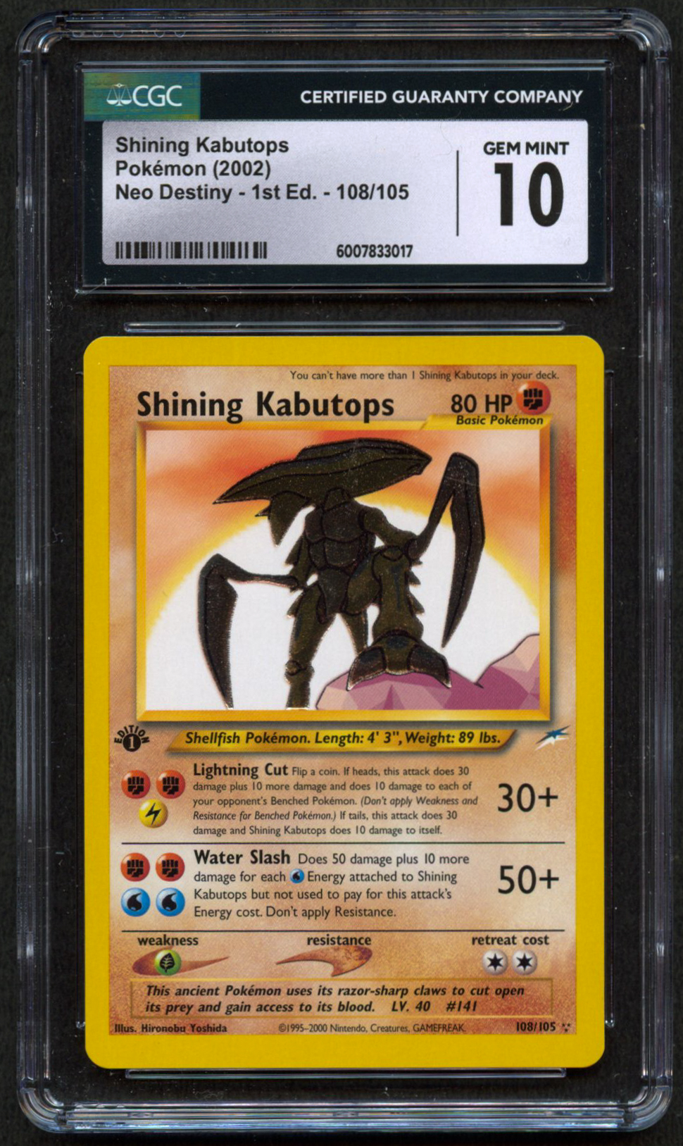 CGC 10 Shining Kabutops 1st Edition - 108/105 - Neo Destiny