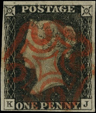 1840 1d black Plate 4 (KJ) with 4 margins and neat strike of red MC, a fine example. 