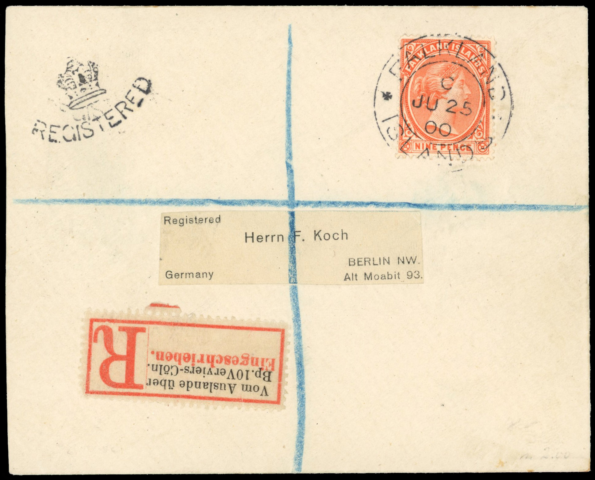 Falkland Is SG 36 cover to Berlin with 9d, earliest use of Type F4A cds