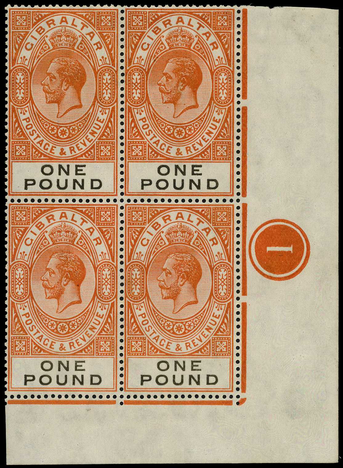 1927 £1 red-orange and black Plate 1 block...