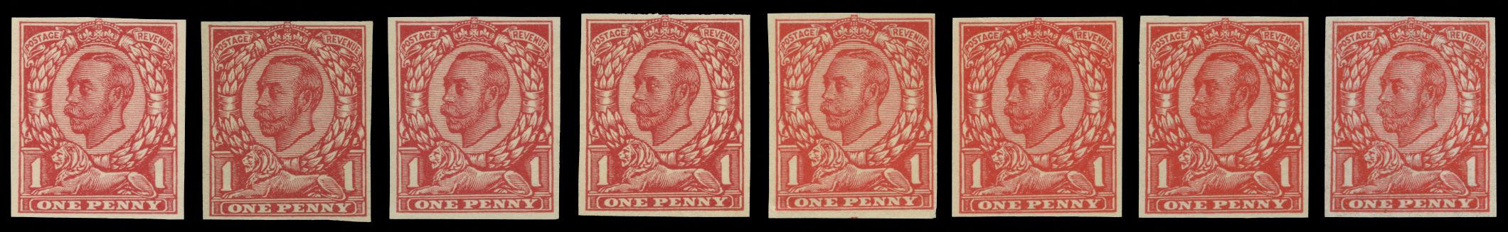 1911 1d Paper trials. Very fine unused imperforate set of eight in carmine or scarlet on wove paper as labelled a-h in the...