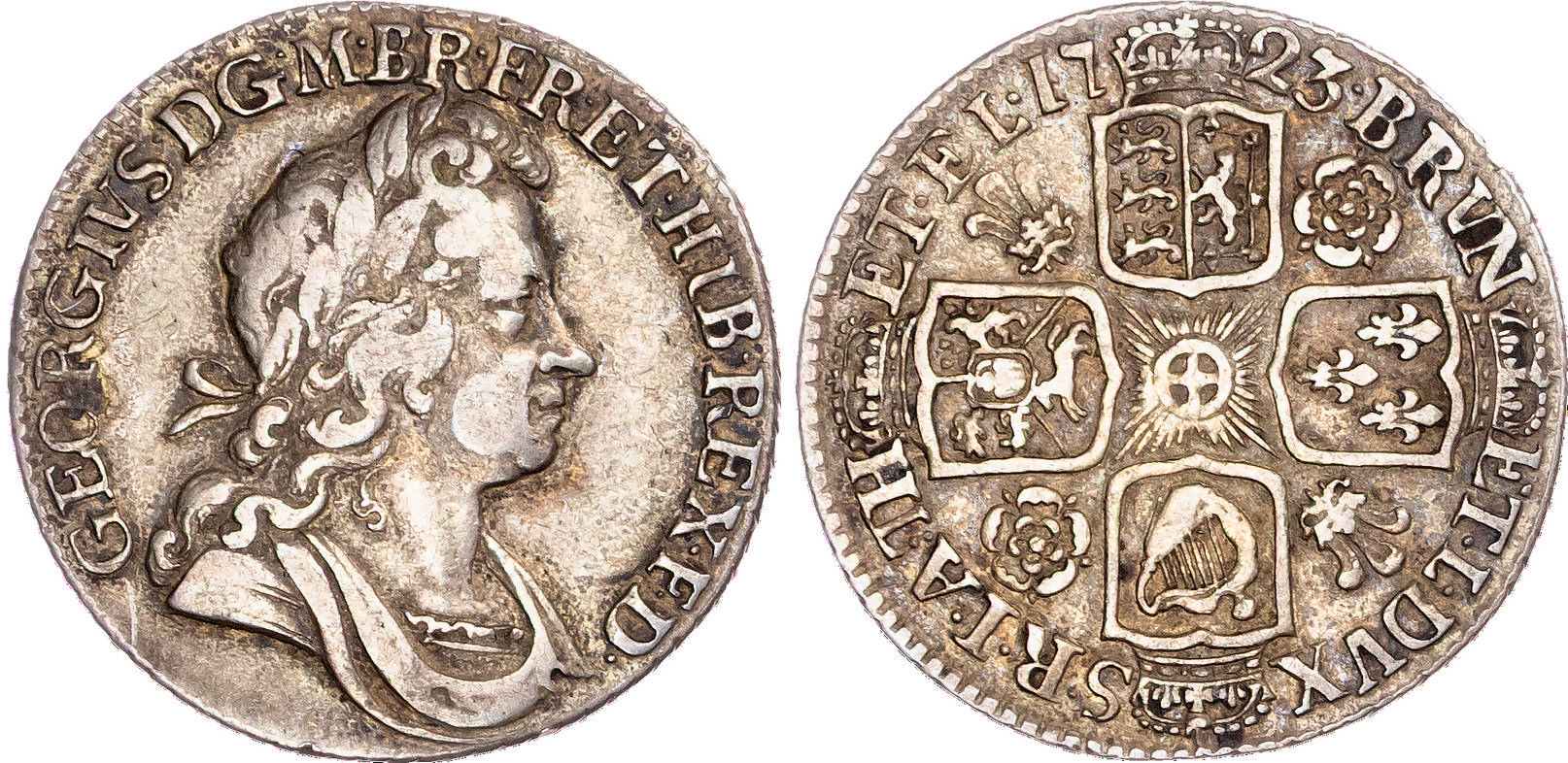 George I (1714-1727), AR Shilling, 1723, roses and plumes.