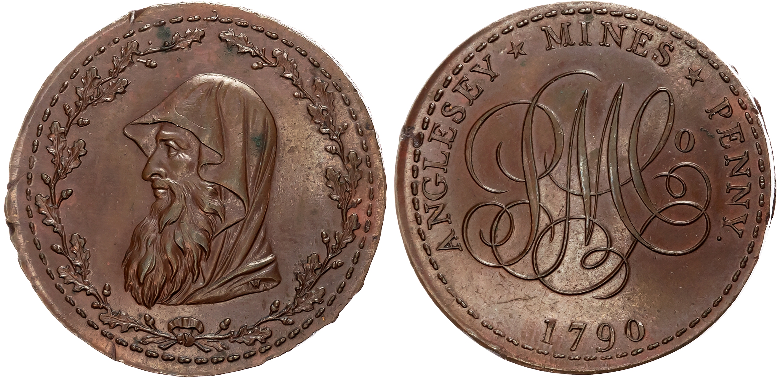 Ang . Amlwch, Parys Mines Co. Penny 1790, Cowled druid’s head, W on truncation, within a thin oaken wreath with 20 acorn …