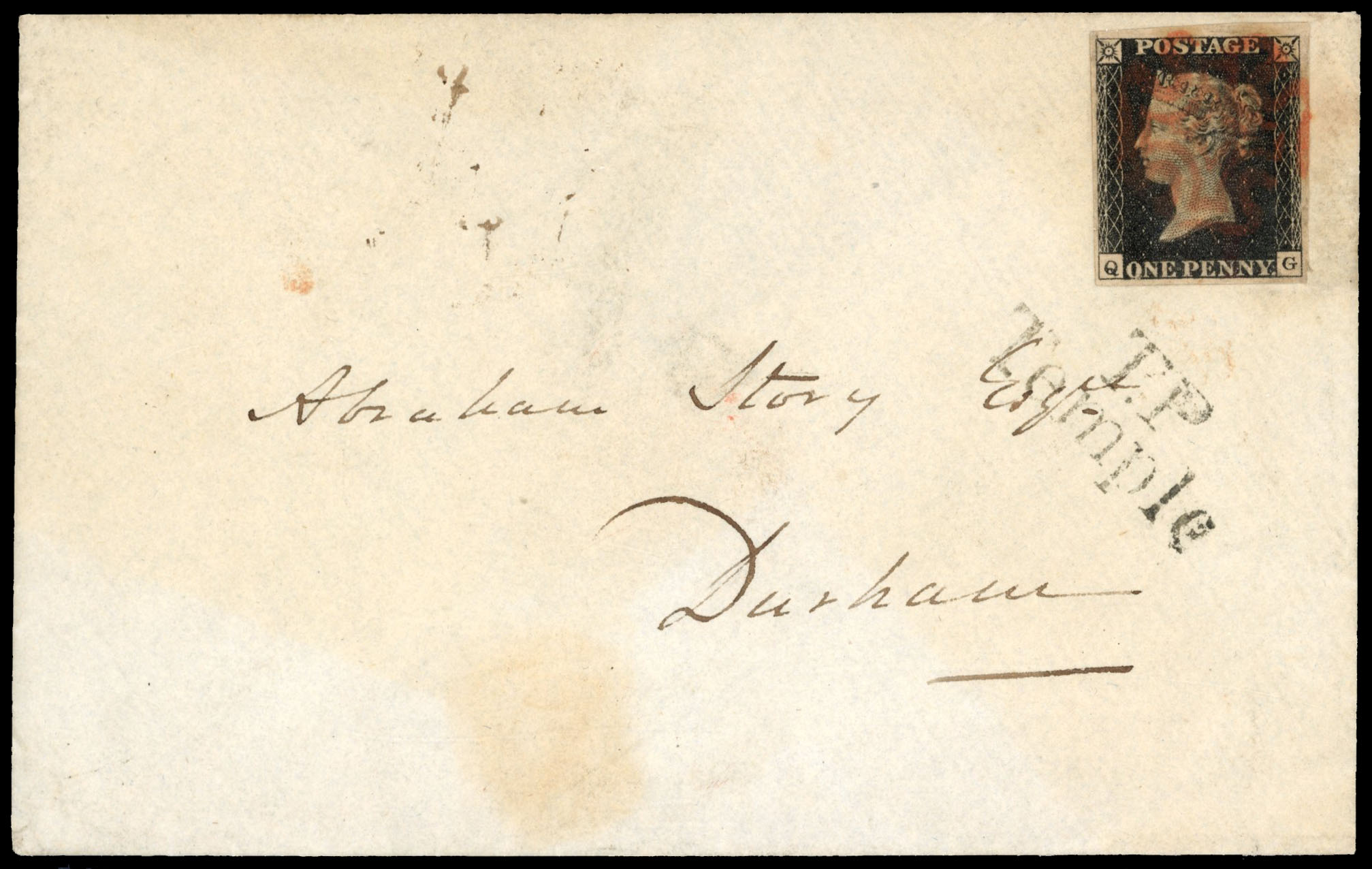 GB 1840 1d black, Plate 10 (QG) on cover