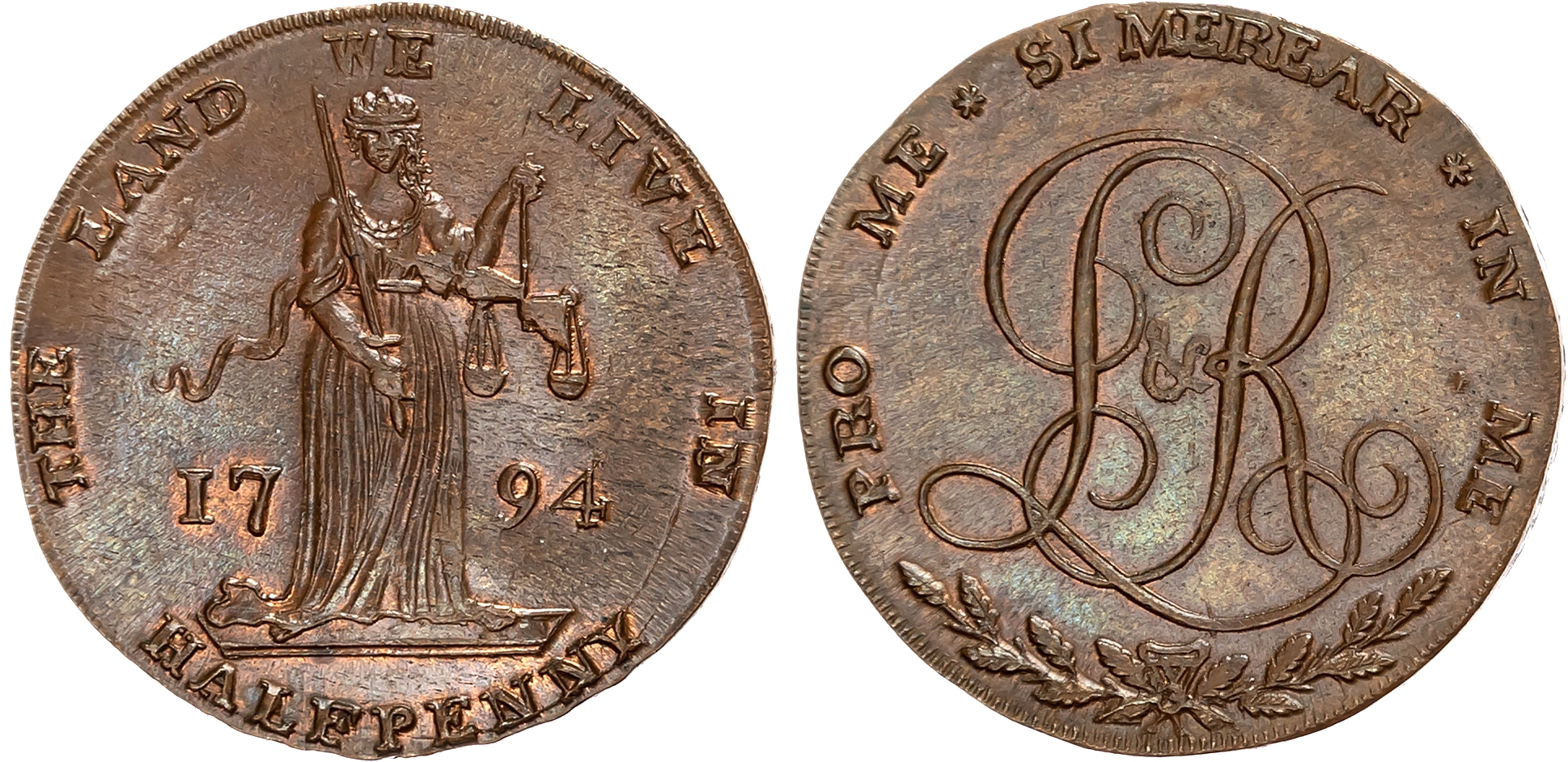 Co. Dub.  Dublin , Lloyd & Ridley (button maker / woollen draper) halfpenny 1794, Justice standing holding sword and sca …