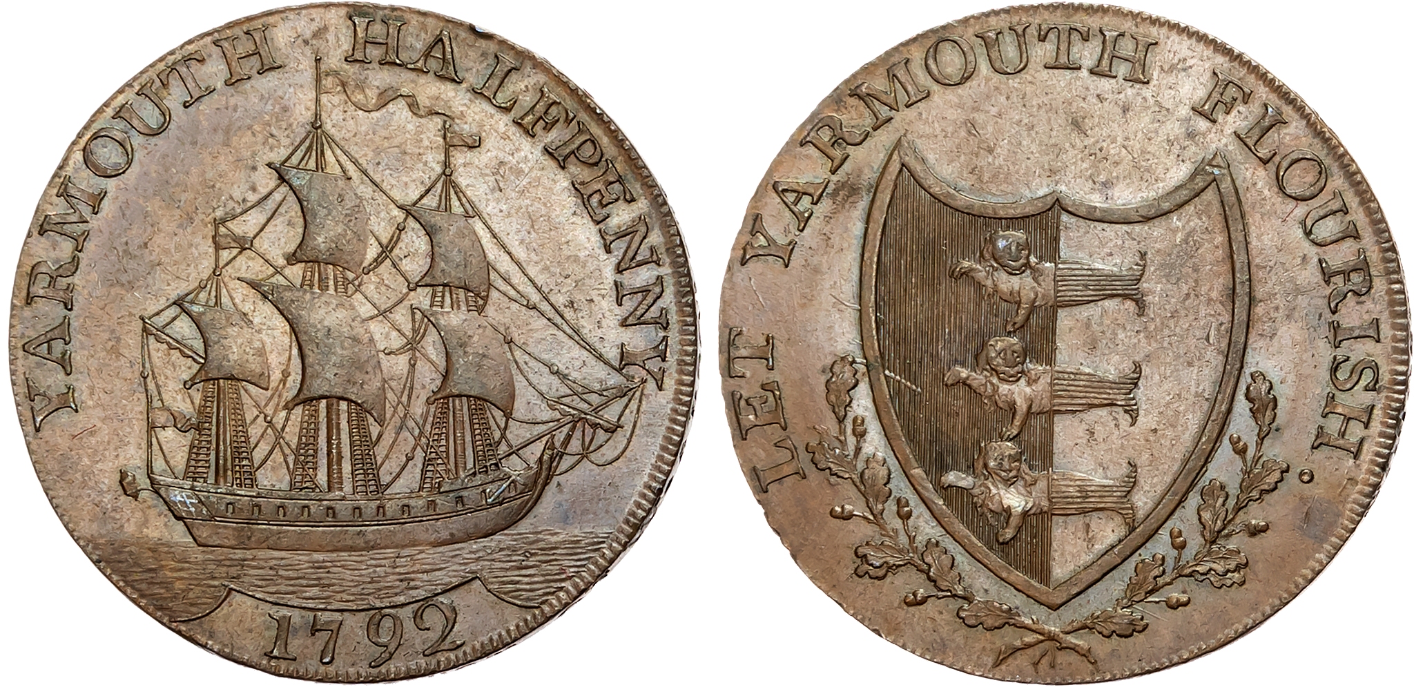 Norf . Yarmouth , William Absolon (glass seller) Halfpenny 1792, Arms of Yarmouth, rev . Man of war in full sale right, …