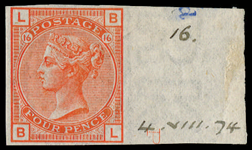 1877 4d Vermilion Pl.16 'Abnormal' Imperforate imprimatur. SG152var