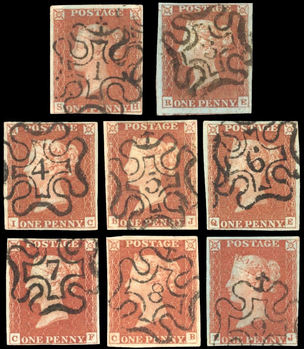 GB 1841 1d red-brown, eight stamps all neatly cancelled by London numerals in Maltese cross