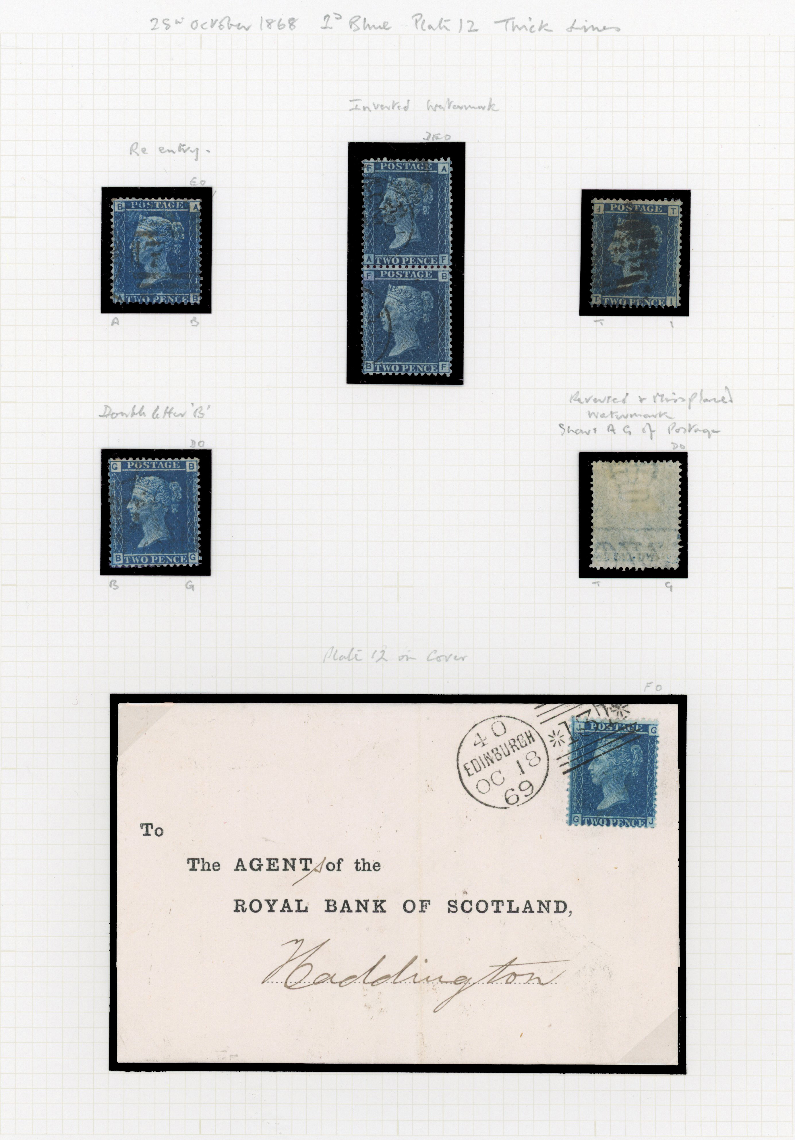 1868 2d Blue Pl.12 (SG45 thick white line, Wmk. Large Crown, Perf 14). Used study of plate 12