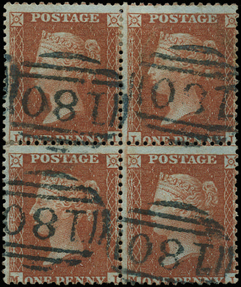 SG24 1855 1d Red-brown Pl.1. VFU block of four LI-MJ
