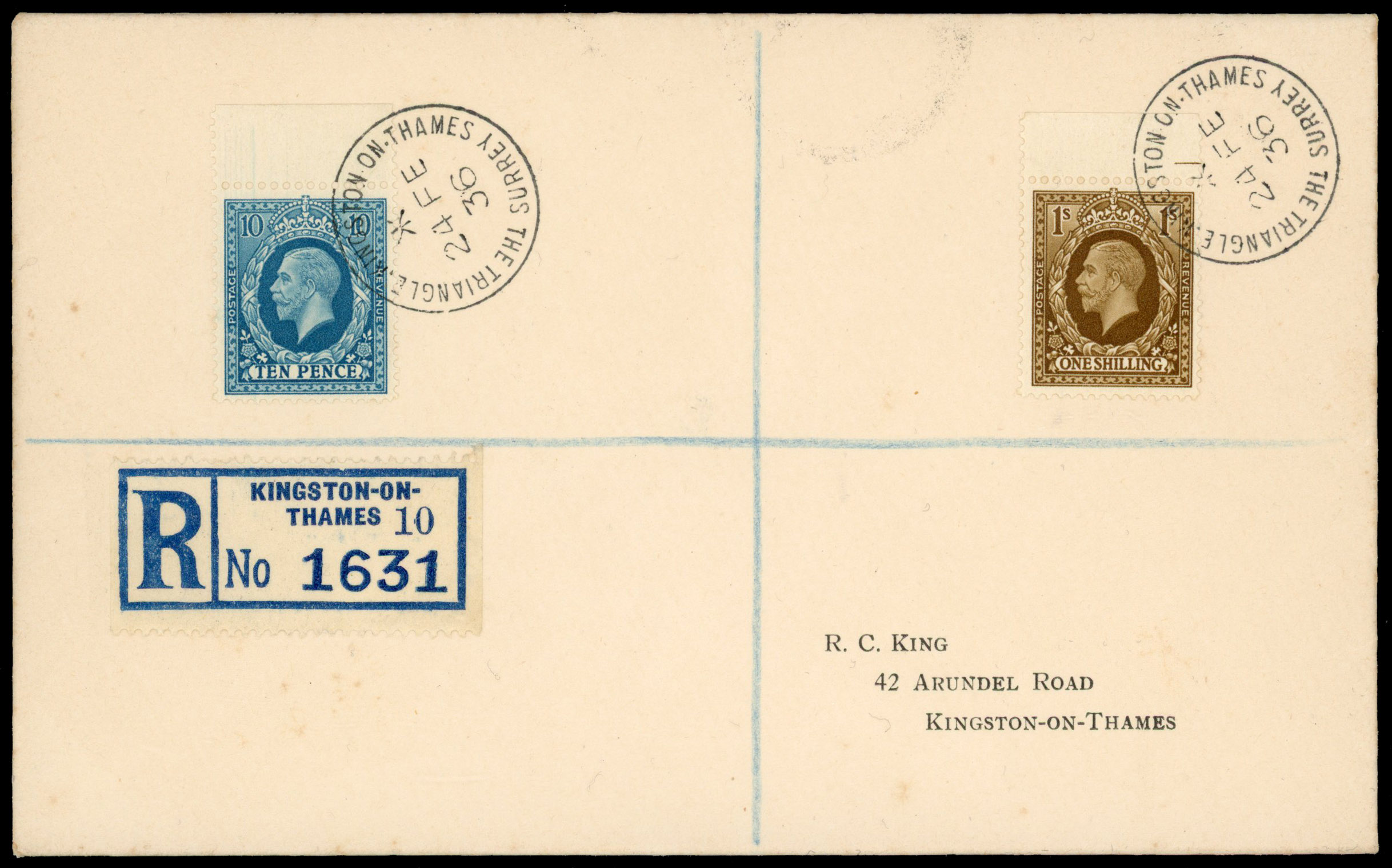 1936 10d Turquoise-blue & 1s Bistre-brown. Exceptionally fine registered envelope FDC