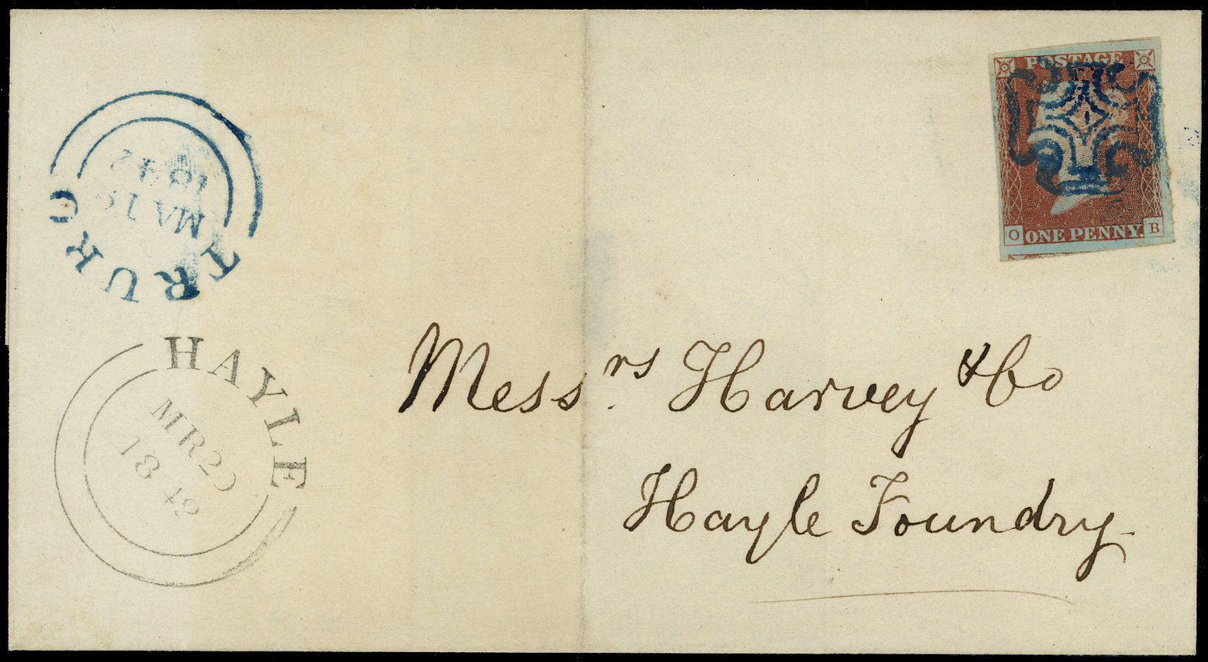 1841 1d Red-brown Pl.23 Truro blue MC