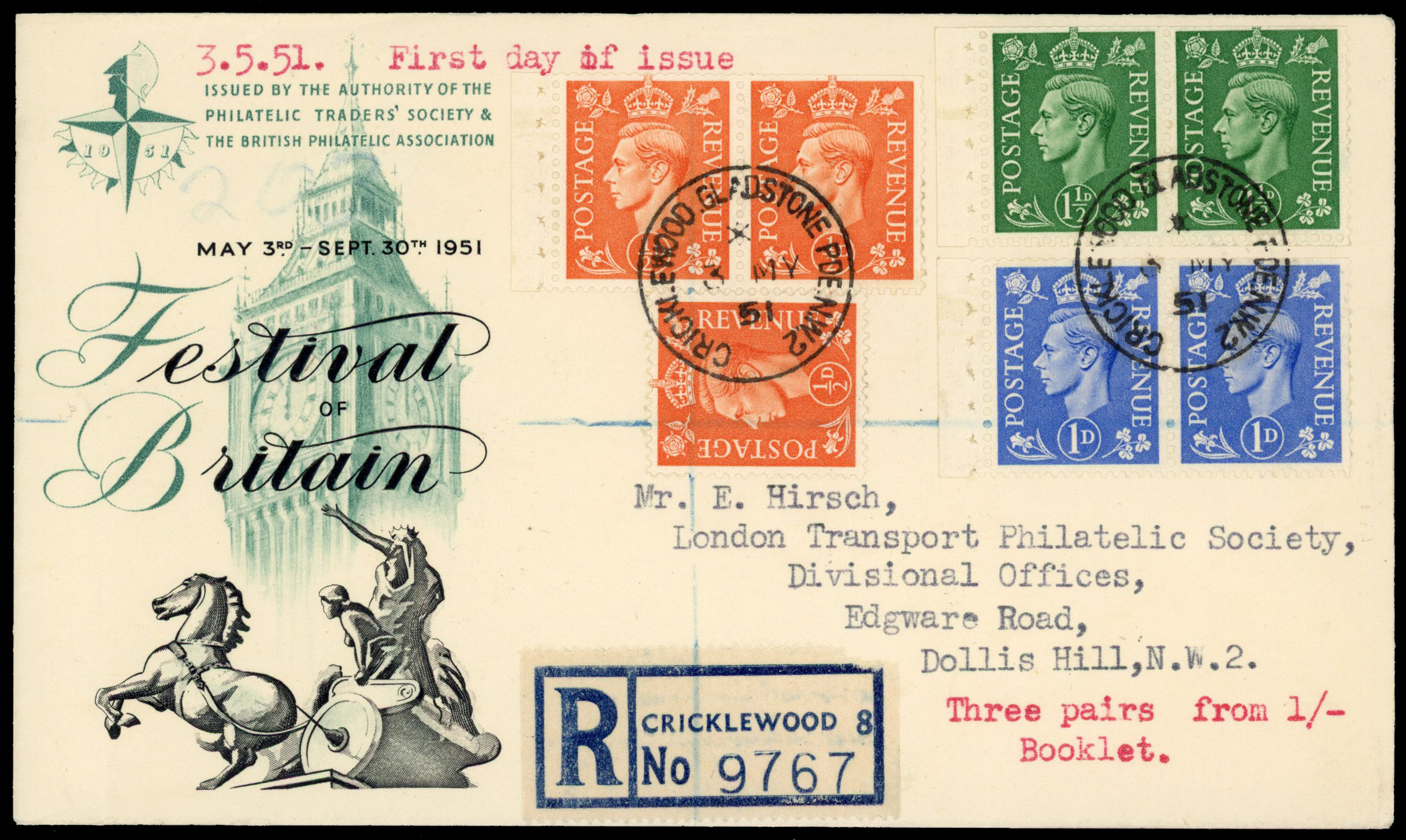 1951 (3 May) New Colours 1s booklet stamps used on registered illustrated first day cover