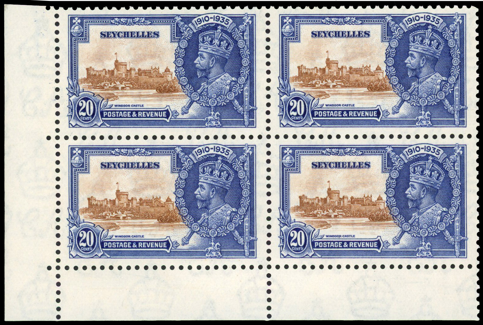 Seychelles 20c extra flagstaff in lower marginal block of four SG 130a