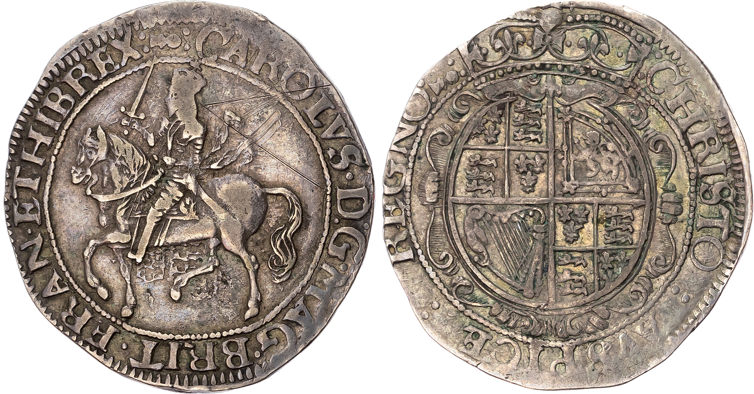 Charles I (1625-1649), AR Halfcrown, Chester mint, mm. Prostrate Gerb. King on horseback riding right, rev. Oval garnish…