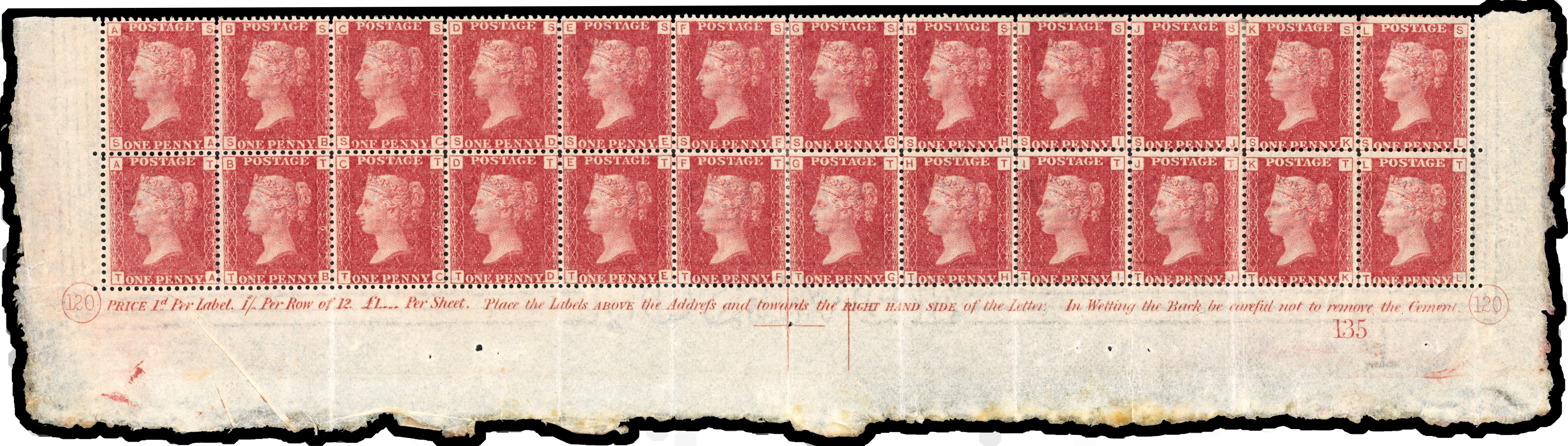 1864-79 1d rose-red Plate 120 (SA-TL) block of twenty four in bottom two rows