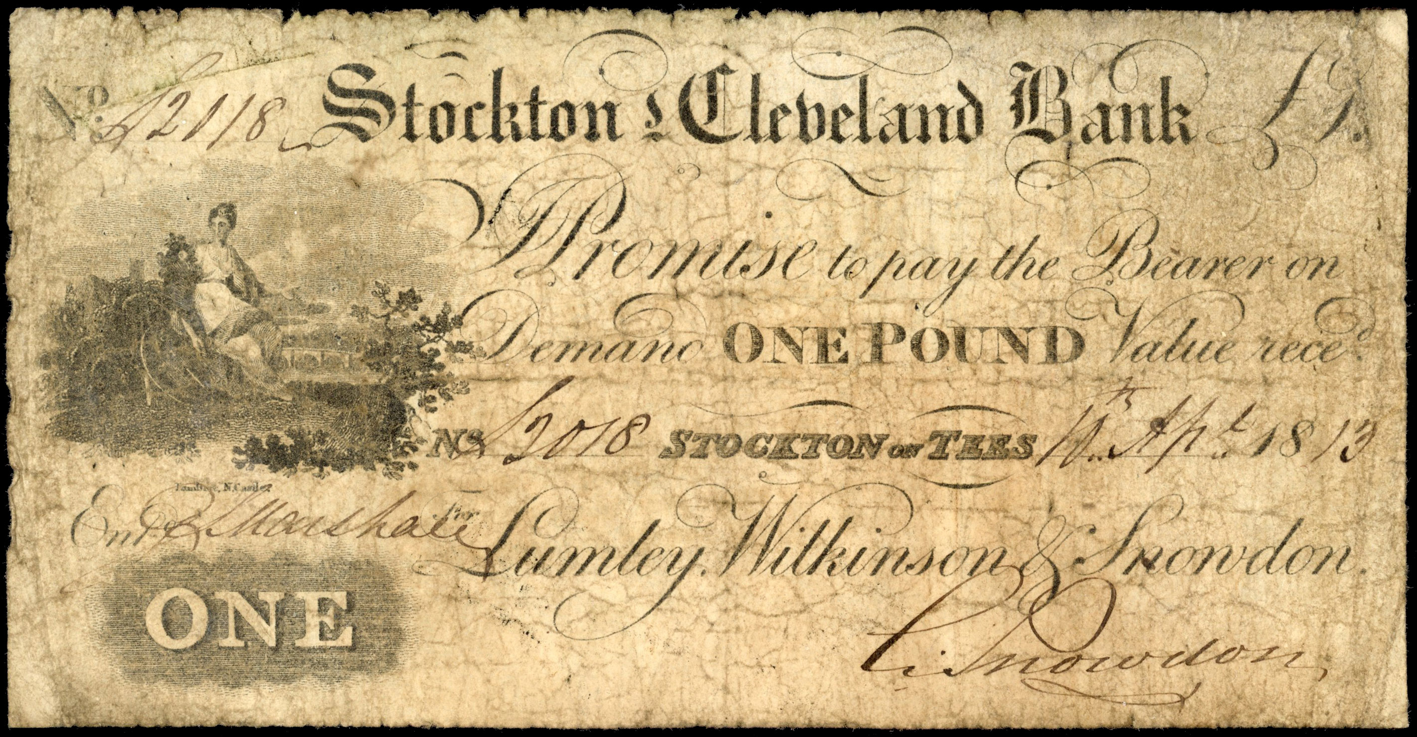 STOCKTON-ON-TEES, Stockton & Cleveland Bank, for Lumley, Wilkinson & Snowdon, £1.,10 April 1813, serial number…