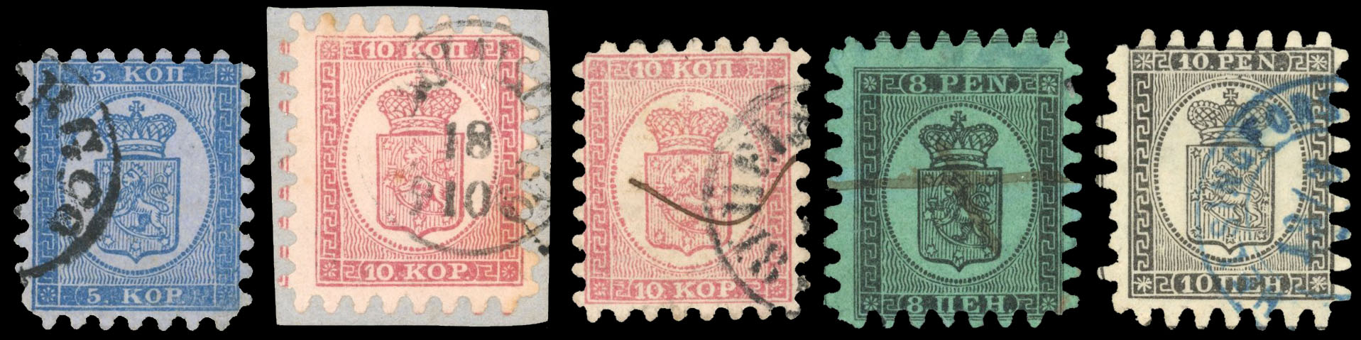 Finland 1860-71 used selection of Serpentine roulettes