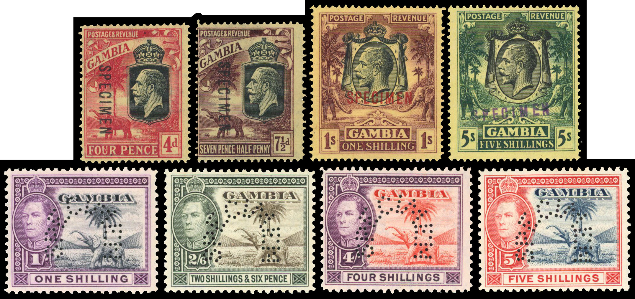 1922 4d to 5s set of 4 overprinted ‘SPECIMEN’ plus 1938 Elephants, 1s, 2s6d, 4s and 5s perforated ‘SPECIMEN’
